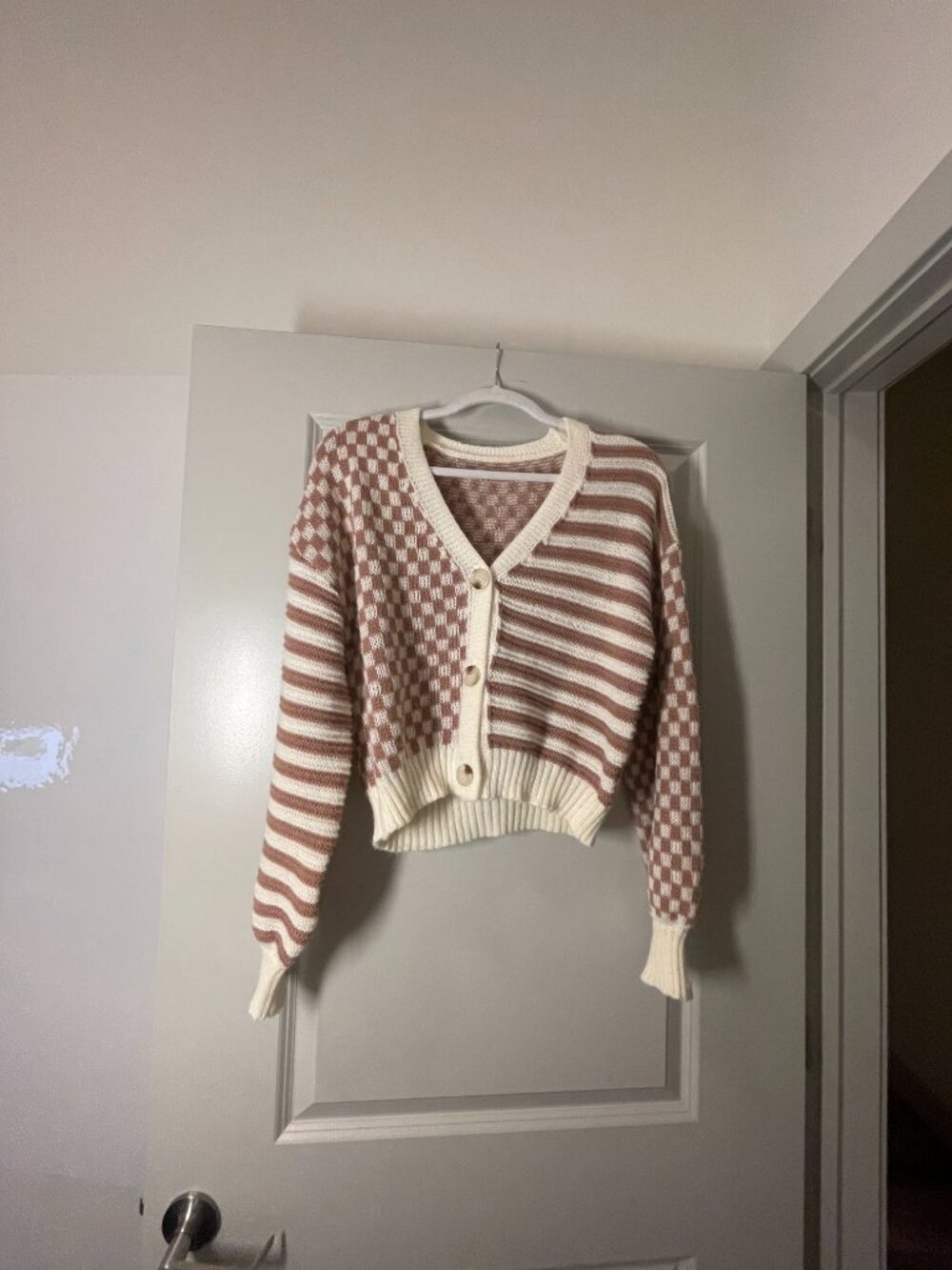 Checker Pattern Drop Shoulder Cardigan - Picture 3 of 7